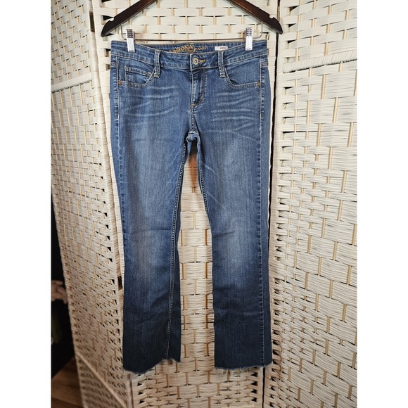 Arizona Jean Company Denim - Arizona Bootcut Womens Sz 7 Long Blue Denim Cotton Stretch Raw Hem Western